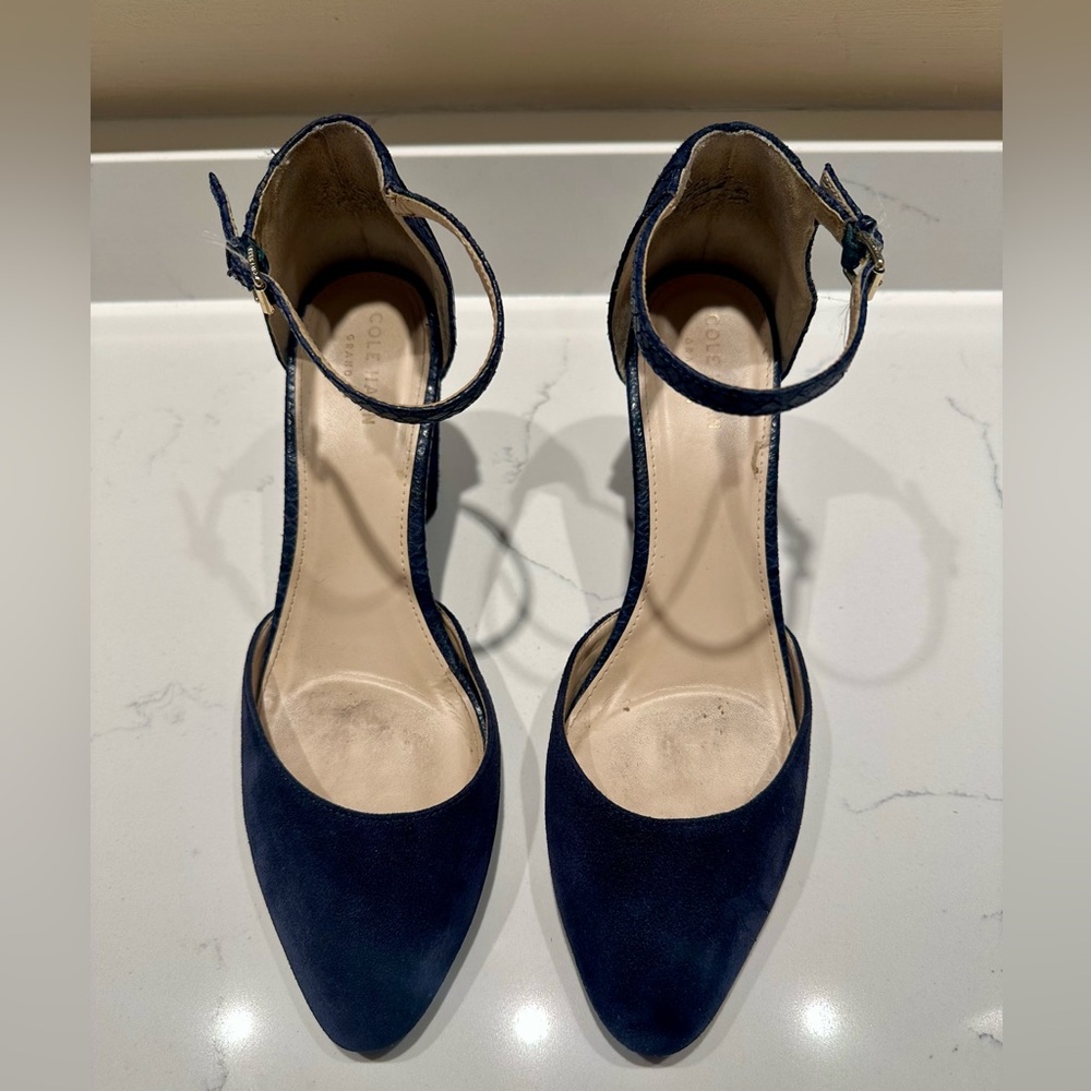 Cole Haan Navy Blue Suede Ankle-Strap Wedge Heels- size 8